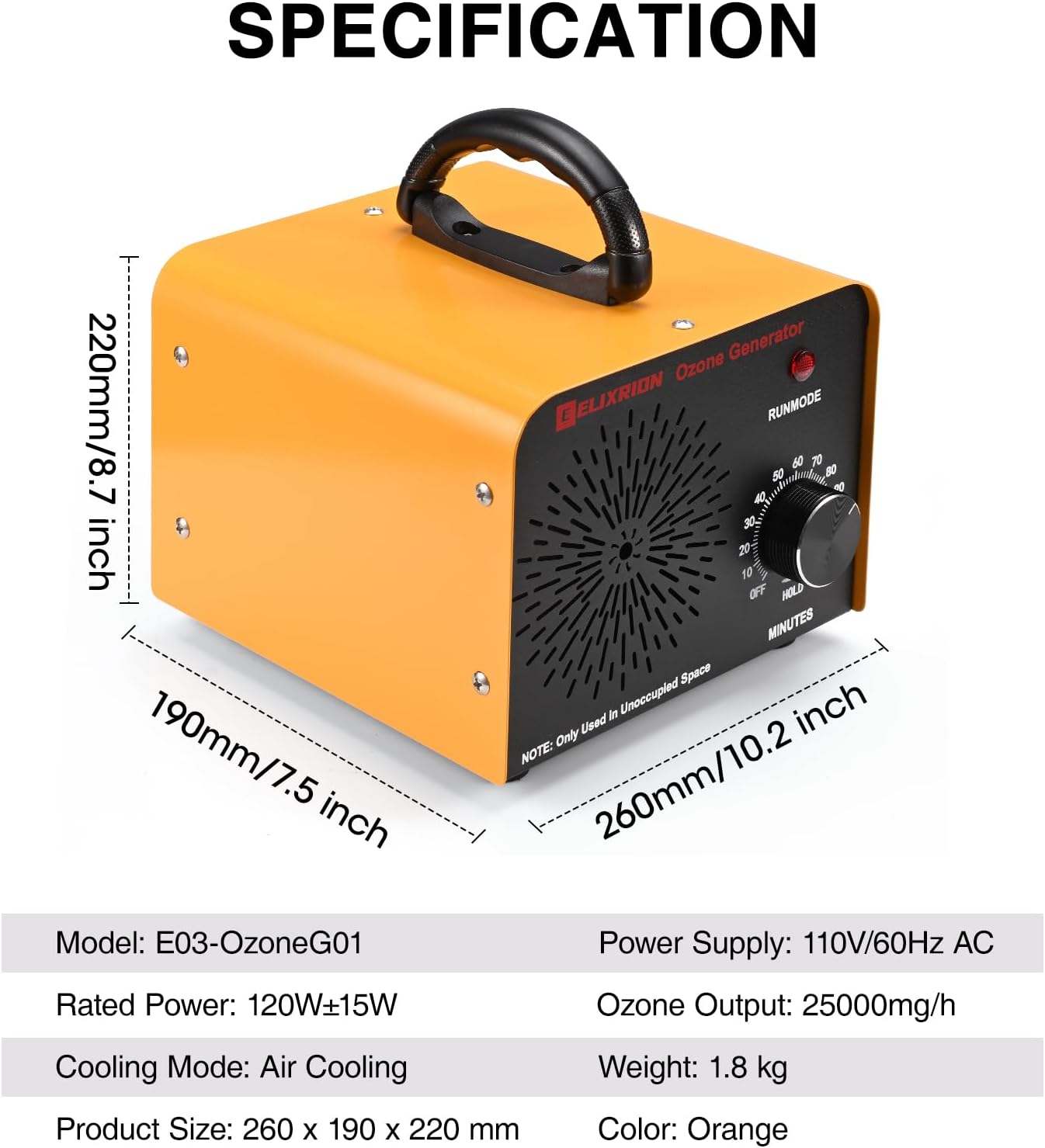 ELIXRION Generador de ozono, ionizador de capacidad de 25000 mgh, máquina profesional de ozono de aire O3 para olores, para el hogar, cocina,