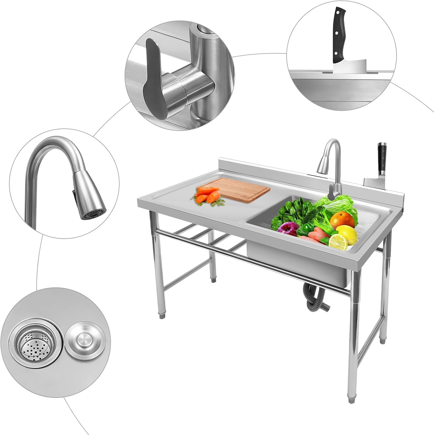 Fregadero de cocina comercial de 1 compartimento, fregadero de restaurante, tabla de drenaje de acero inoxidable con cuenco de drenaje grande y