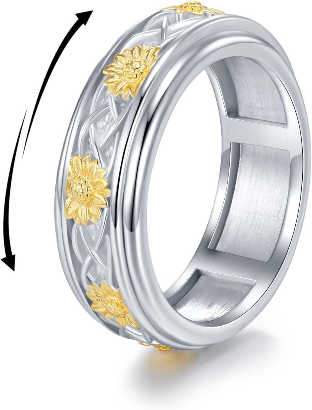 Anillo giratorio de plata de ley 925 con girasol, anillos giratorios para aliviar el estrés, joyería de regalo para mujeres y niñas
