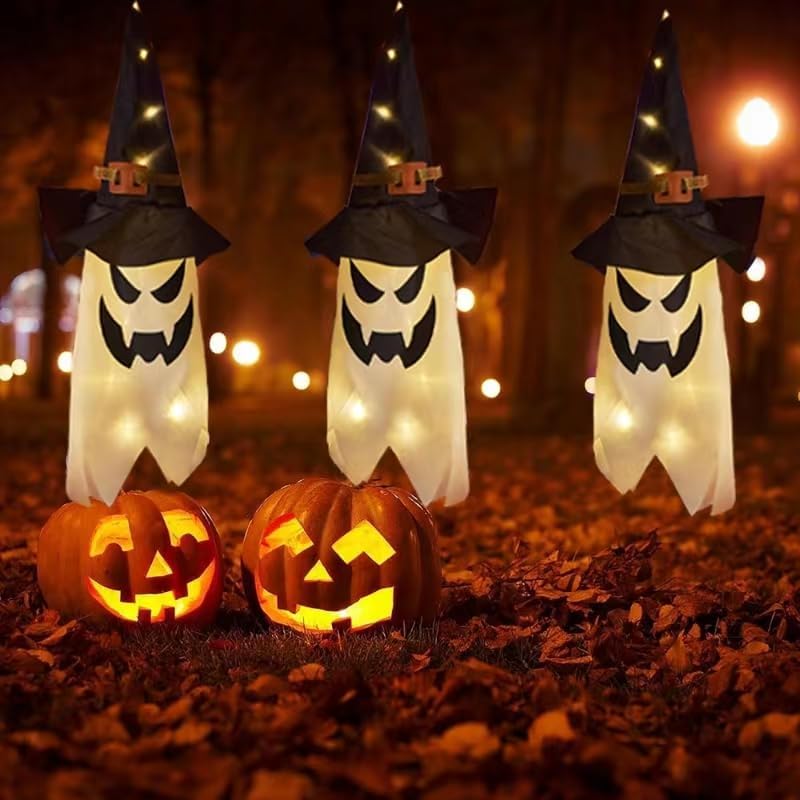 Decoraciones de Halloween para decoración al aire libre, 2 piezas de sombrero de bruja fantasma iluminado brillante de 38 pulgadas de largo,