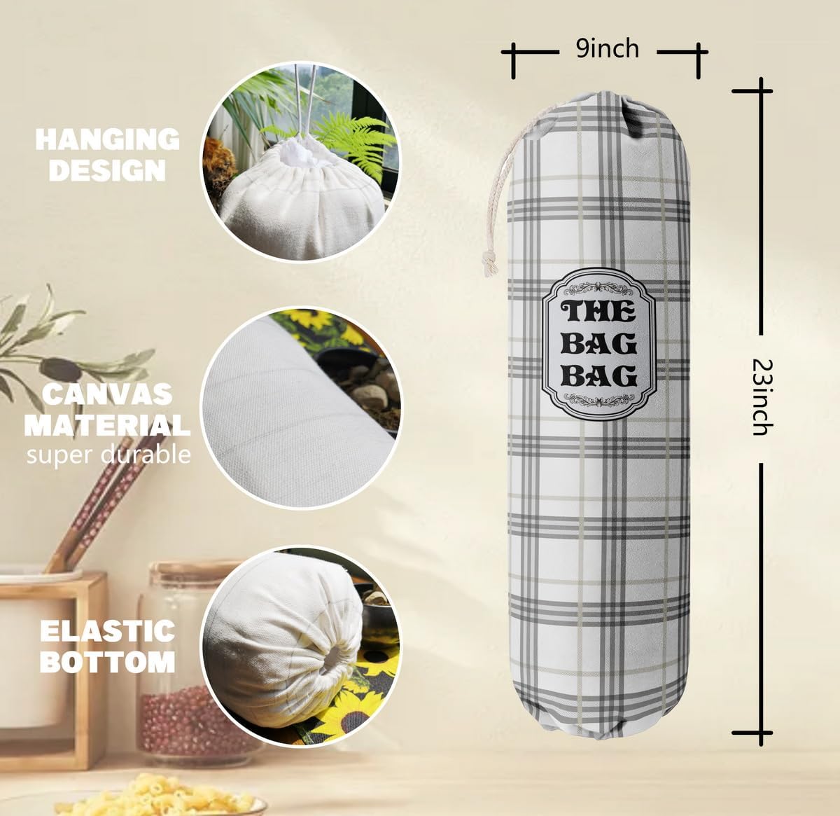 Organizador clásico de bolsas de comestibles a cuadros de búfalo para bolsas de compras, bolsas de plástico de montaje en pared, dispensadores de