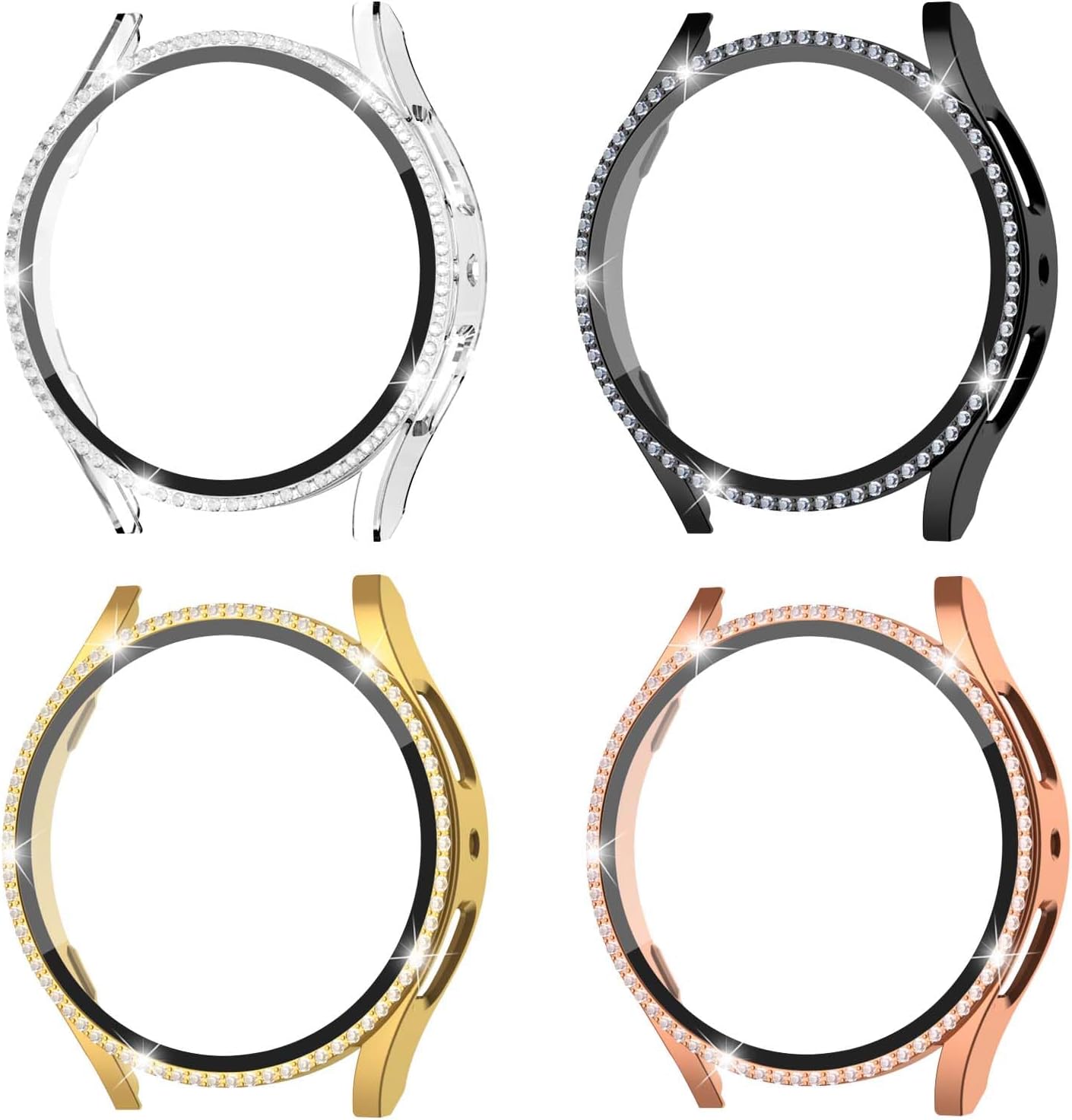 Paquete de 4 + 4 fundas brillantes para Samsung Galaxy Watch 6 y protector de pantalla de 1.575 pulgadas1.732 pulgadas, vidrio templado antivaho y