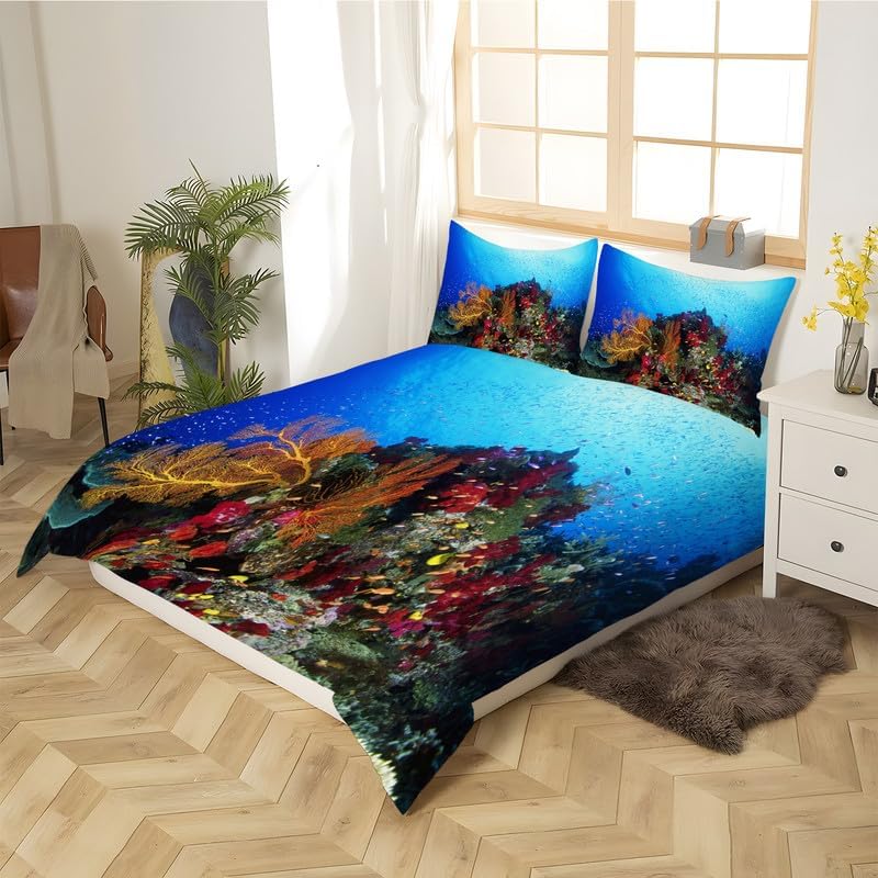 Dark Blue Coral Twin Duvet Cover View Print Twin Bedding Sets Soft Microfiber Comforter Cover and 2 Pillow Shams 20″X26″, Bed Set Duvet Covers with