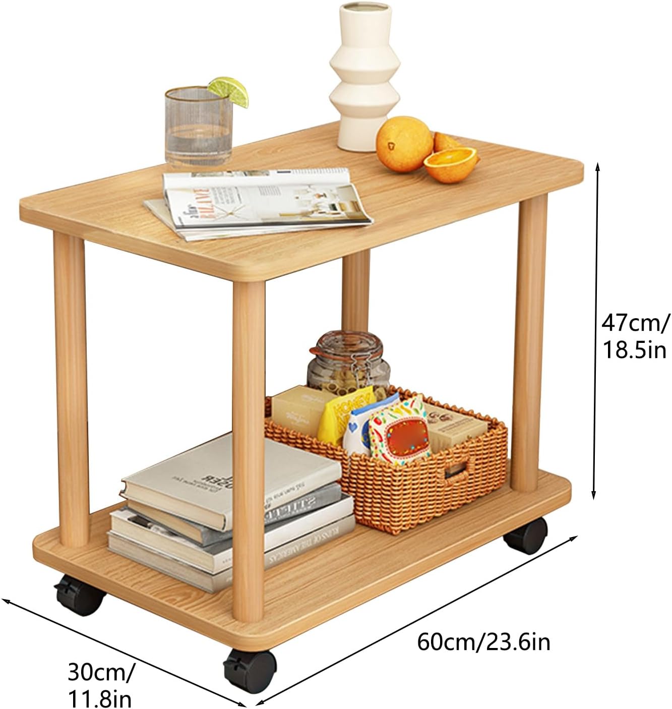 GIFZES Mesa auxiliar de madera con ruedas, mesita de noche estrecha de 2 niveles, mesa auxiliar de granja, pequeñas pestañas de noche, mesas de