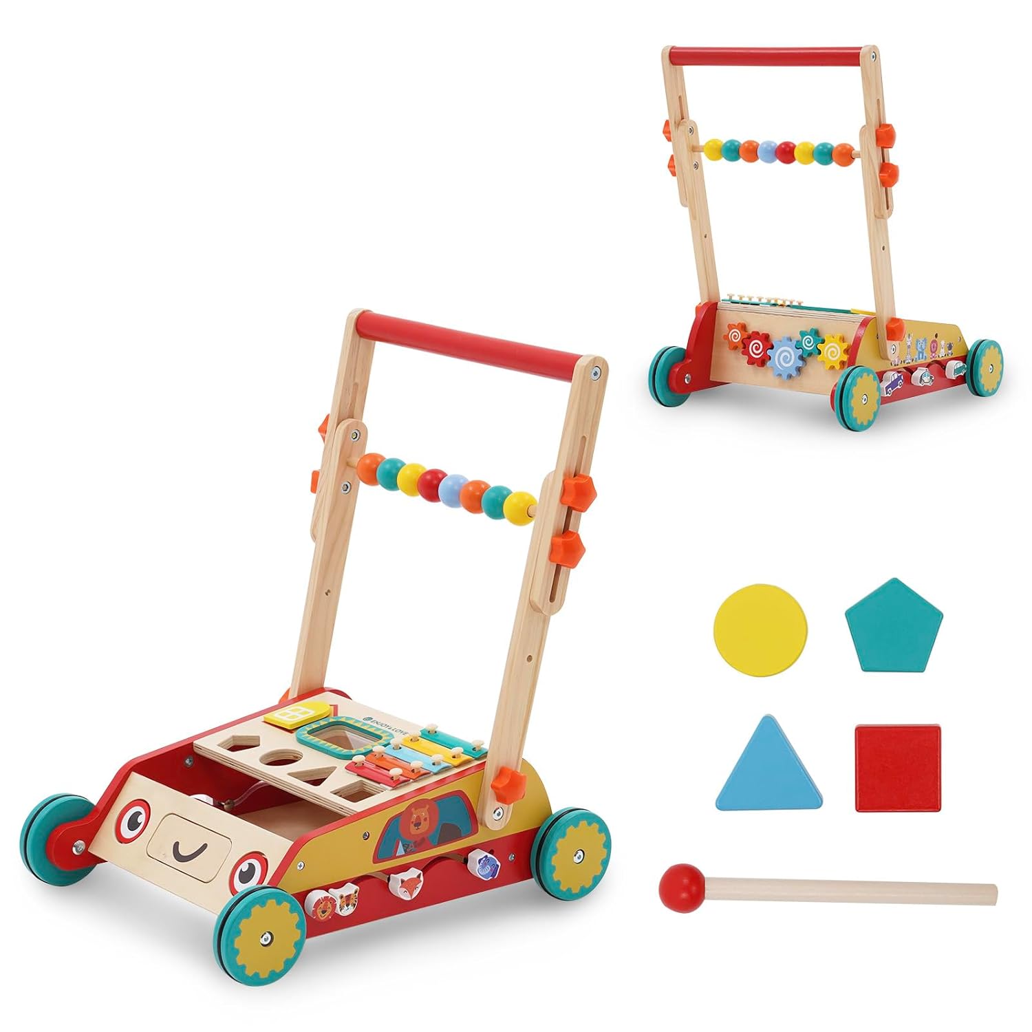 Andador de madera para bebés con centro de actividades de entretenimiento múltiple, caminadores de aprendizaje sentado a pie para niños de 9 meses y