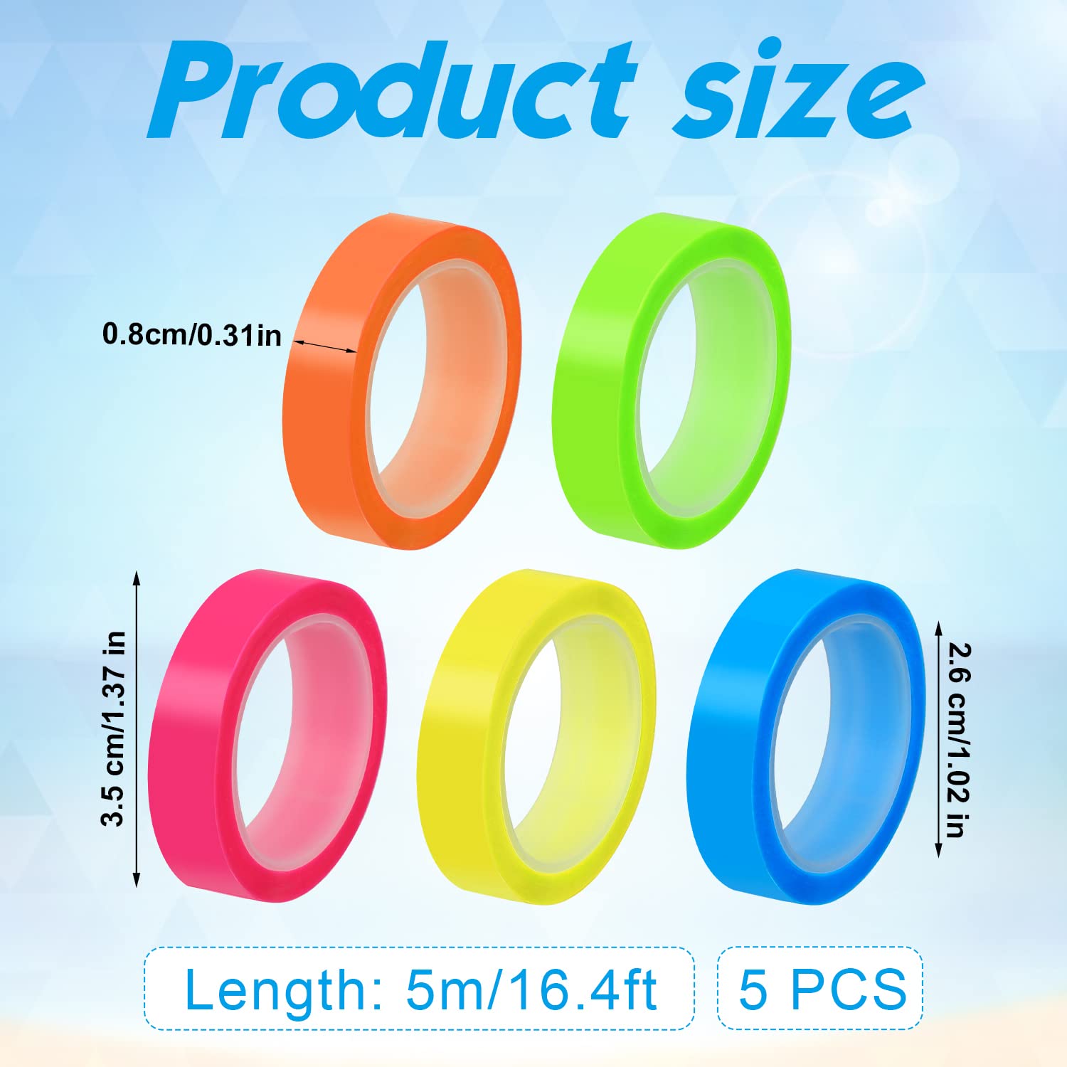 LUTER 5 rollos de cinta iluminadora, tiras fluorescentes de neón extraíbles de 0.3 pulgadas x 16.4 pies, pestañas de color transparentes para