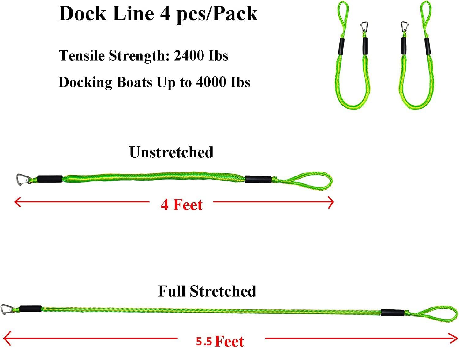 Líneas de muelle elástico con gancho, paquete de 2 líneas elásticas para muelle de barco, cuerda de amarre para lancha, PWC, moto acuática, pontón,