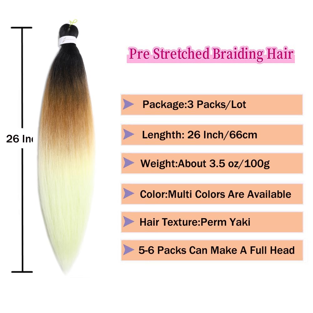 Cabello trenzado preestirado de 26 pulgadas, 3 paquetes de cabello sintético profesional ombré, trenzado con agua caliente, ajuste fácil de