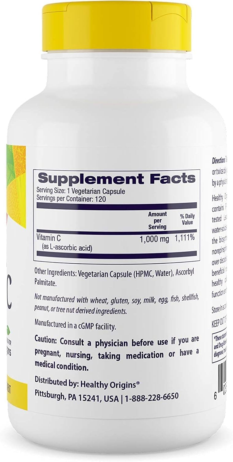 Healthy Origins Vitamina C (sin OMG), 1,000 mg – Vitamina C vegana – Ácido ascórbico para apoyo inmunológico – Apoya la función celular – Suplemento