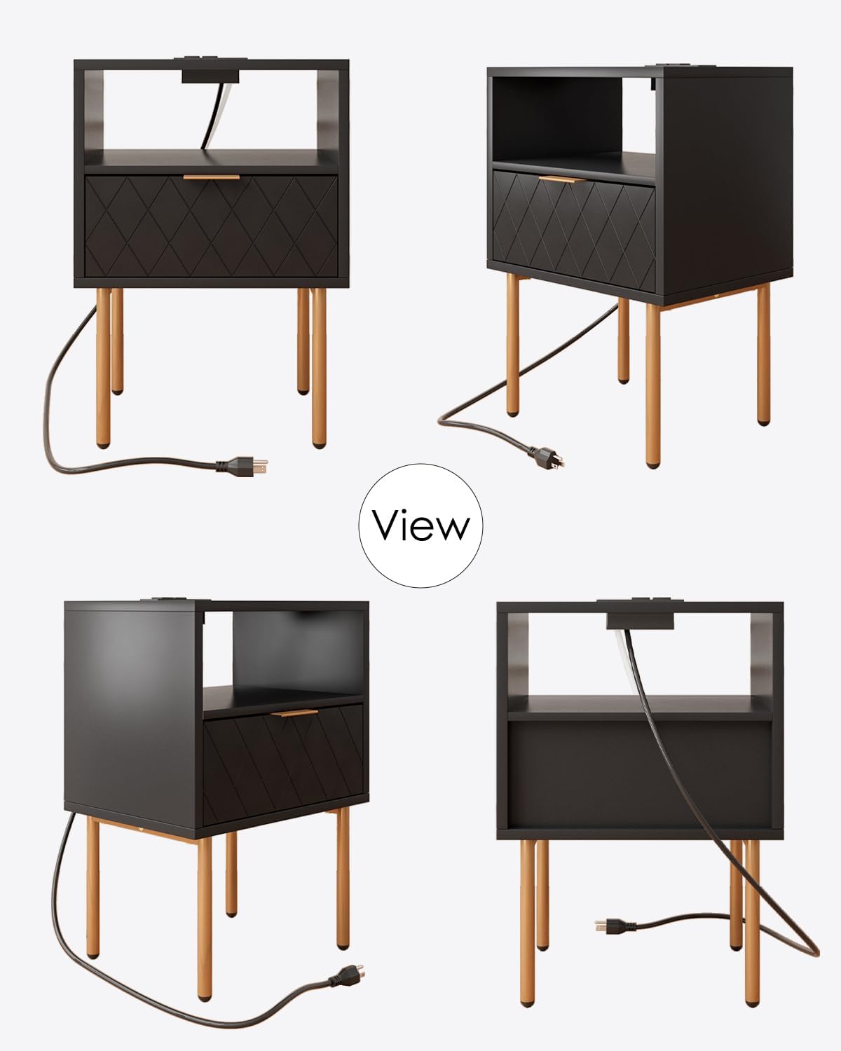 Aobafuir Mesita de noche con estación de carga, cómoda con cajón para dormitorio, mesa auxiliar pequeña con cajón, mesita de noche, mesa auxiliar