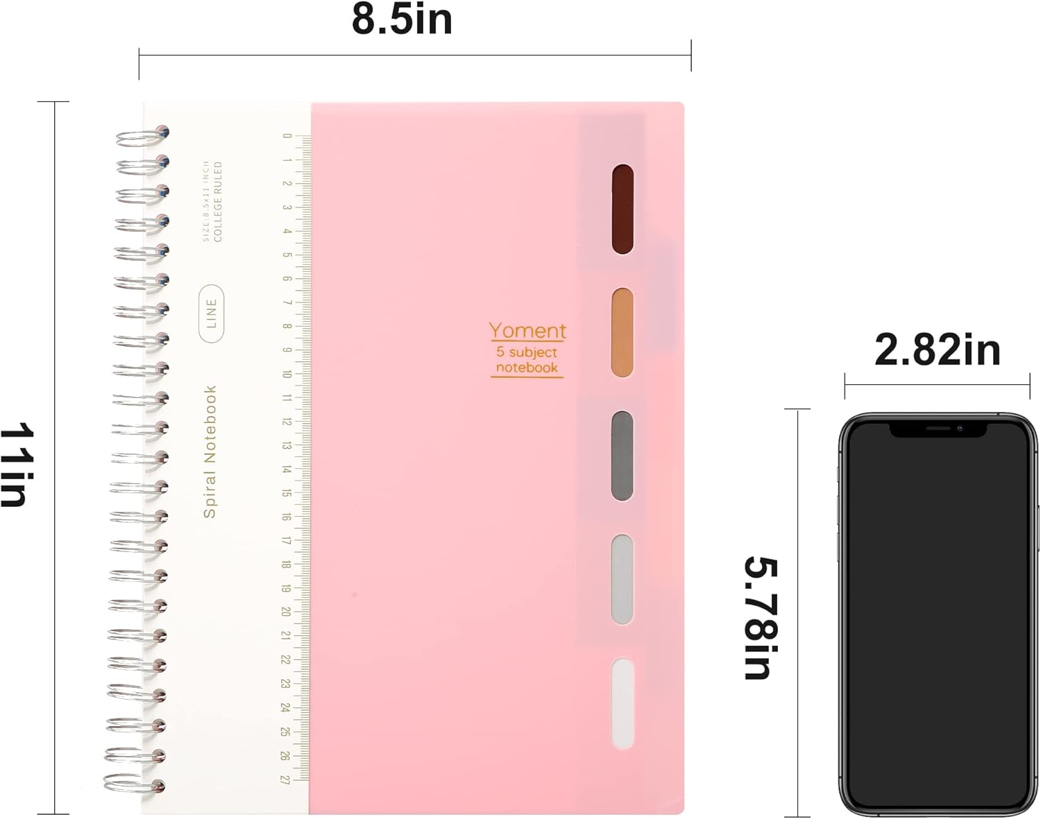 Yoment Cuaderno de 5 asignaturas de 8.5 x 11 pulgadas, cuaderno grande en espiral con divisores y pestañas, cuaderno de espiral de tapa dura,