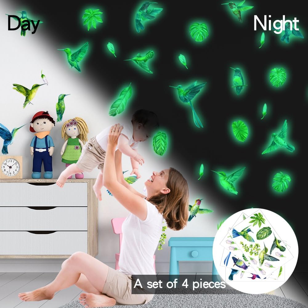 Calcomanías de flores de pájaro que brillan en la oscuridad, calcomanías de pared de naturaleza para niños y adultos, arte de pared botánico de