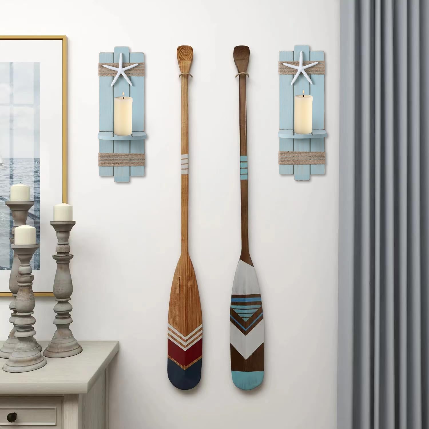 SOMTO Juego de 2 candelabros de pared con diseño de estrella de mar de playa, decoración de pared con temática náutica, portavelas de pared,