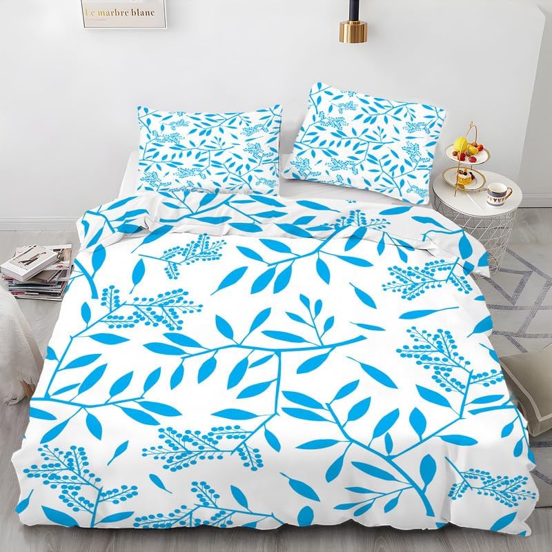White Leaves Duvet Cover Queen Floral Print Bedding Sets Queen Soft Microfiber Comforter Cover and 2 Pillow Shams 20″X26″, Bed Set Duvet Covers with