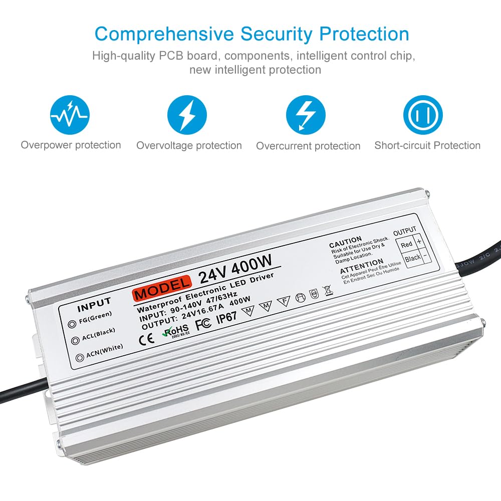 Fuente de alimentación LED de 24V 400W, Fuente de alimentación exterior impermeable IP67, CA 90-140V a DC 24 voltios controlador LED, transformador