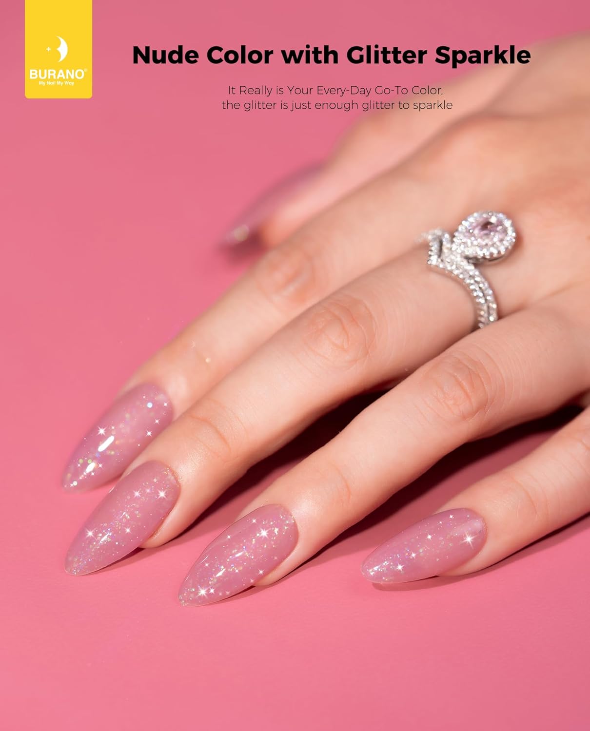 BURANO Esmalte de gel rosa con purpurina, esmalte de gel neutro color rosa nude, 0.2 fl oz, tono de piel rosa brillante, gel natural de remojo UV