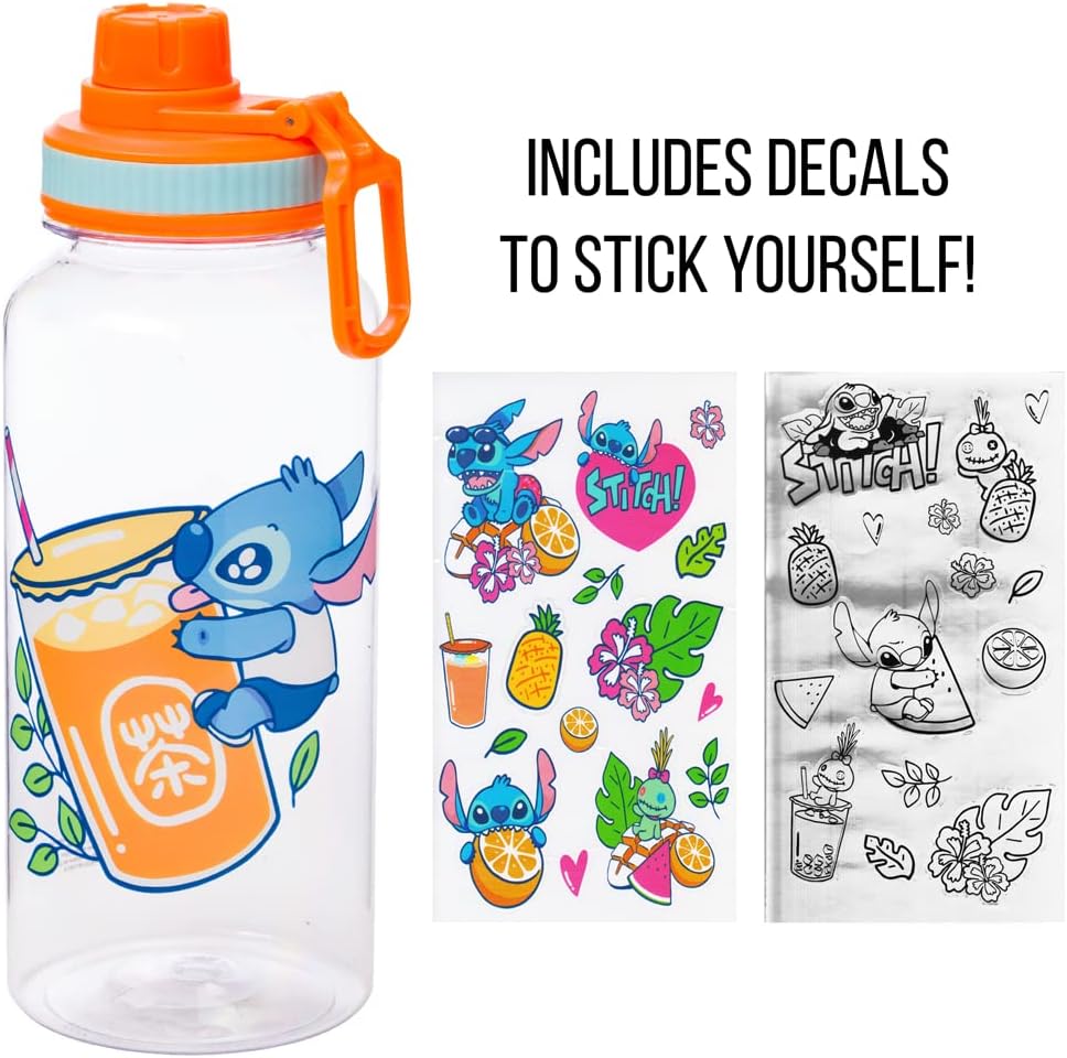 Silver Buffalo Lilo and Stitch – Botella de agua de plástico con boquilla giratoria de té de burbujas con calcomanías holográficas You Stick