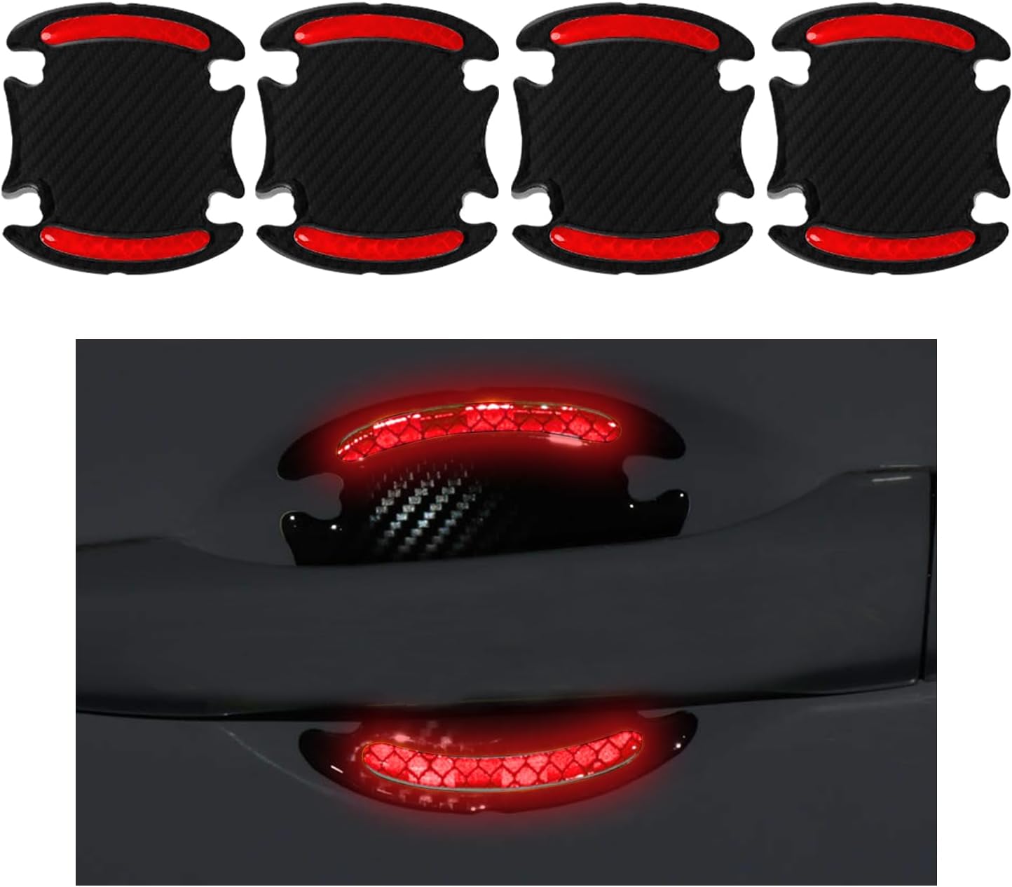 4 protectores contra arañazos para manijas de puerta de automóvil, fibra de carbono 3D, antiarañazos, protector de pintura con tiras reflectantes de