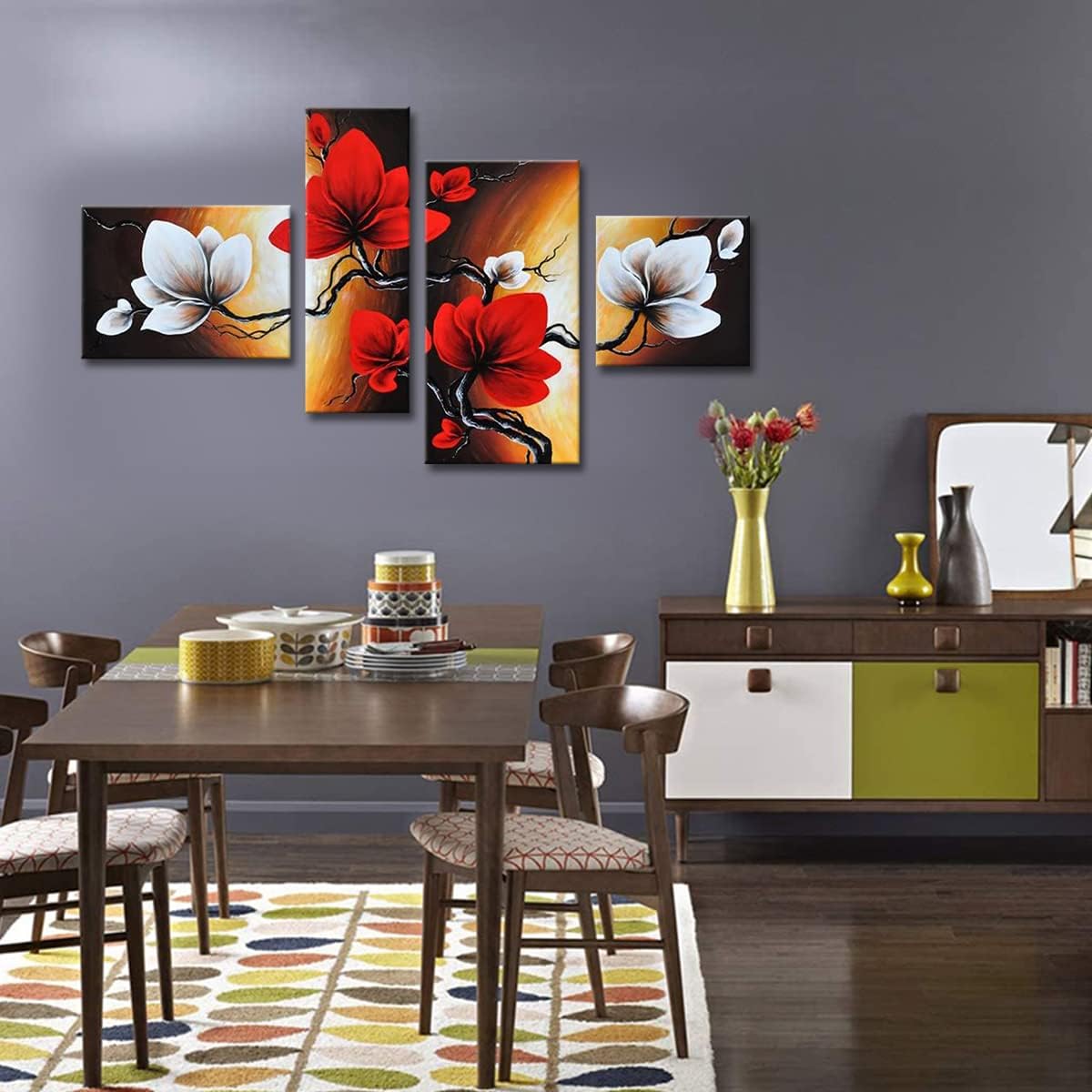 Noah Art – Lienzo pintado a mano con flores, flores de primavera y tulipán, pinturas modernas de flores, 4 paneles estirados de flores rojas,