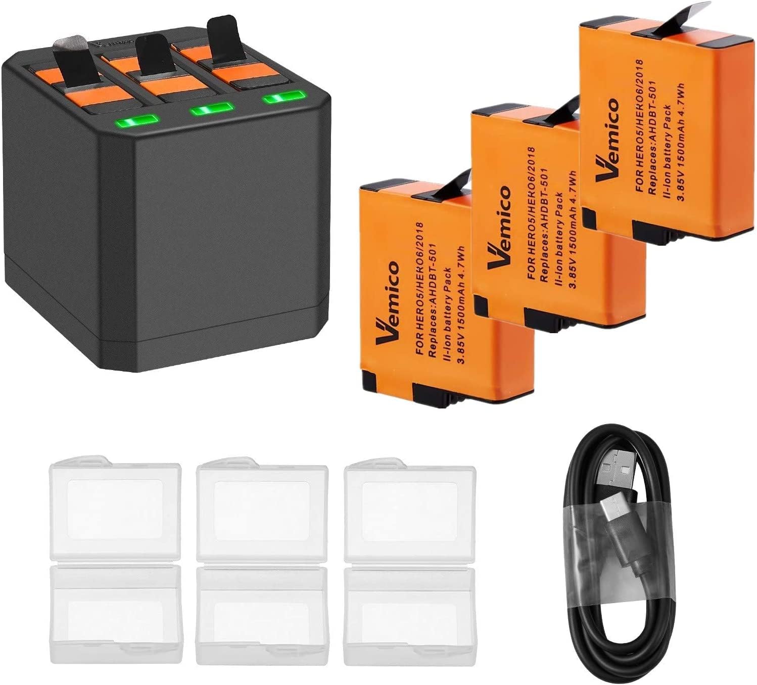 Vemico Hero 7 – Juego de 3 baterías Hero5 de 1500 mAh con cargador LED tipo C AHDBT-501 batería para GoPro Hero 7 Negro, Hero 6, Hero 5, Hero 2018
