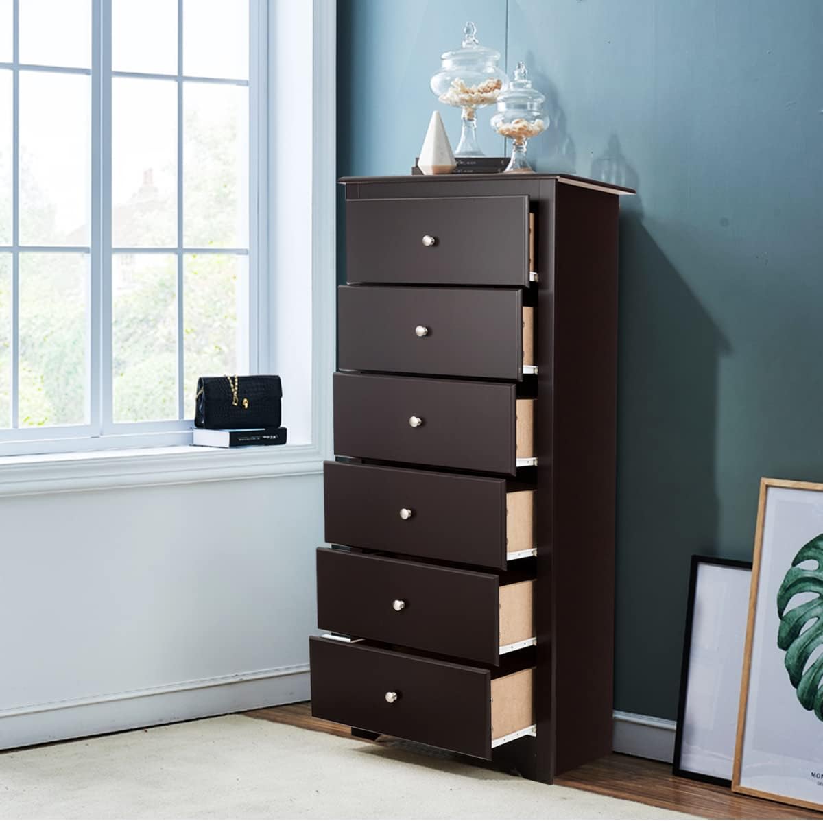 Cómoda de 6 cajones, pecho de 53.5 pulgadas de alto, armario de almacenamiento de pie con pomos de metal, cómoda de madera para armario, dormitorio,