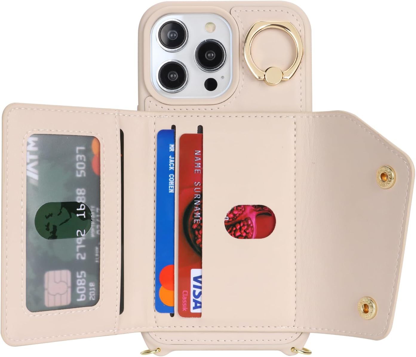 Funda para iPhone 13 Pro Max con tarjetero y correa, bolsillo con cremallera, correa cruzada con cordón, soporte para tarjetas de crédito, anillo de