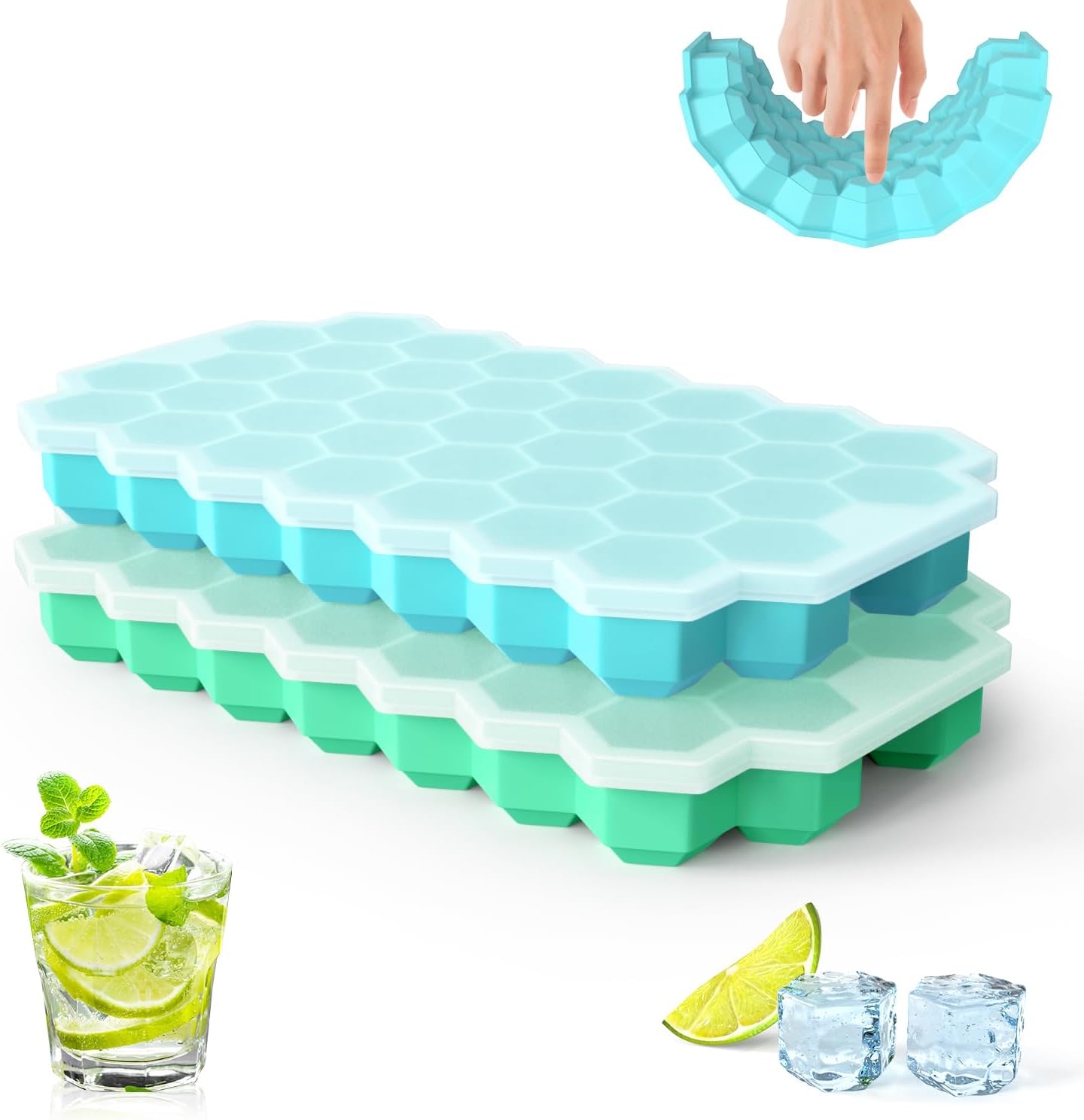 Bandeja de cubitos de hielo de silicona flexible de 76 cubos, bandejas de hielo, congelador para bebidas frías, cócteles de whisky, paquete de 2,
