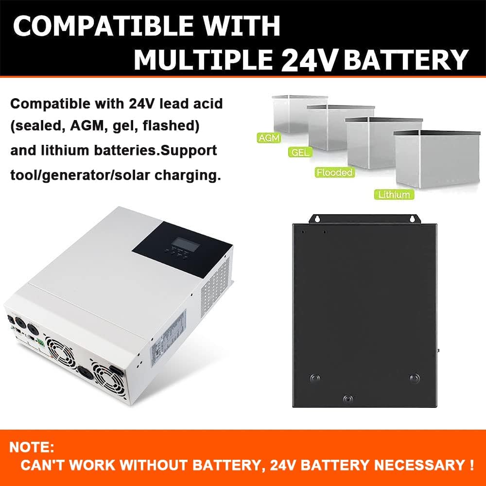 Y&H Inversor híbrido solar de 3000 W 24 V fuera de la red AC120V inversor de onda sinusoidal pura con controlador MPPT de 60 A PV Max entrada de 100
