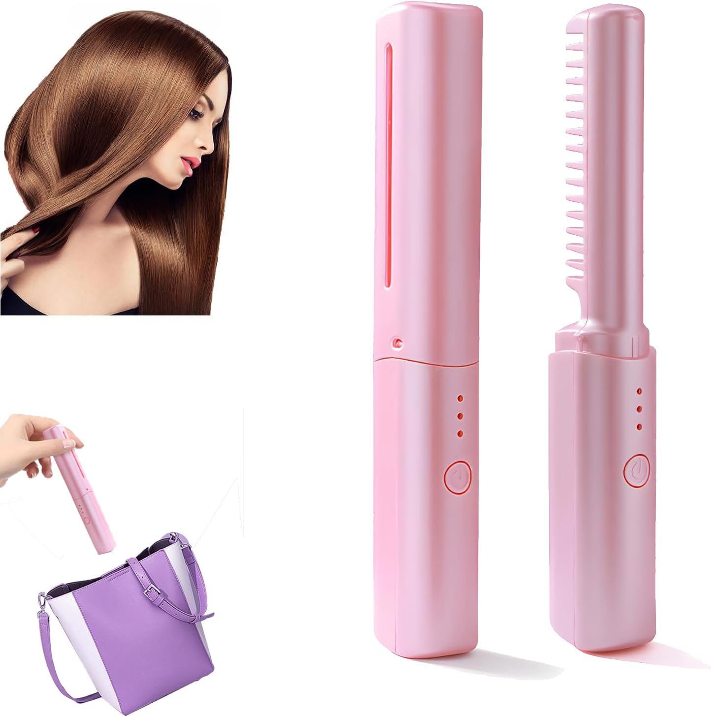 Mini alisador de pelo recargable, cepillo alisador de pelo inalámbrico, cepillo alisador portátil con iones negativos, alisador de pelo de peine
