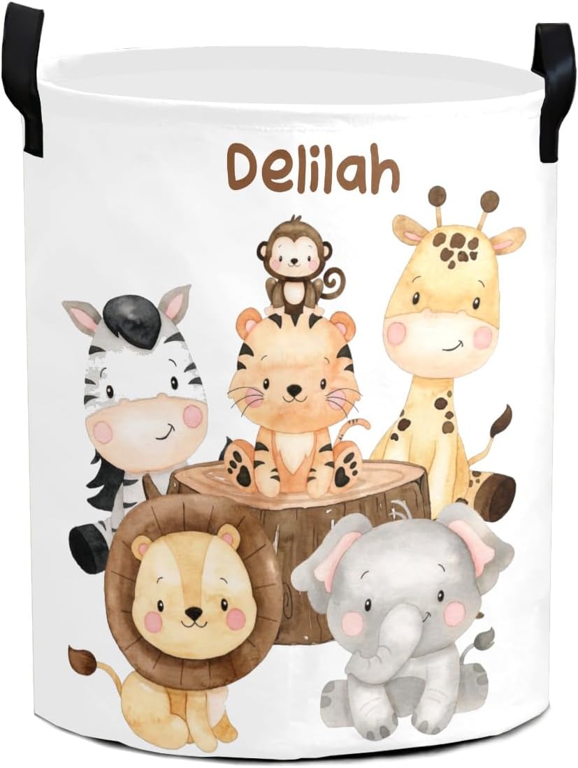 Safari Jungle Animals – Cesta de lavandería personalizada con asa impermeable, cesta plegable personalizada para niños y niñas, dormitorio de