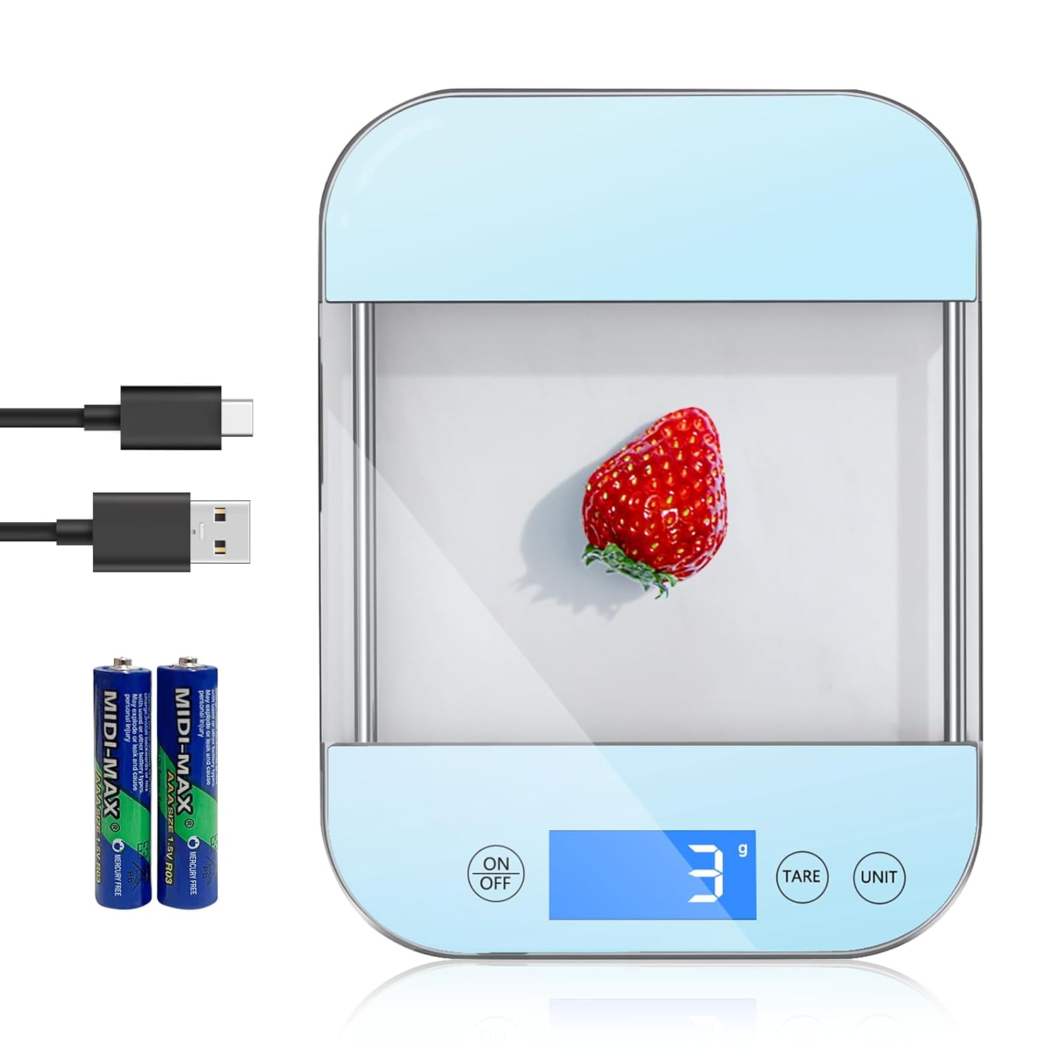 AZC Báscula digital recargable de alimentos gramos y onzas, máximo 33 libras mínimo 0.18 oz, panel de vidrio templado totalmente impermeable, diseño