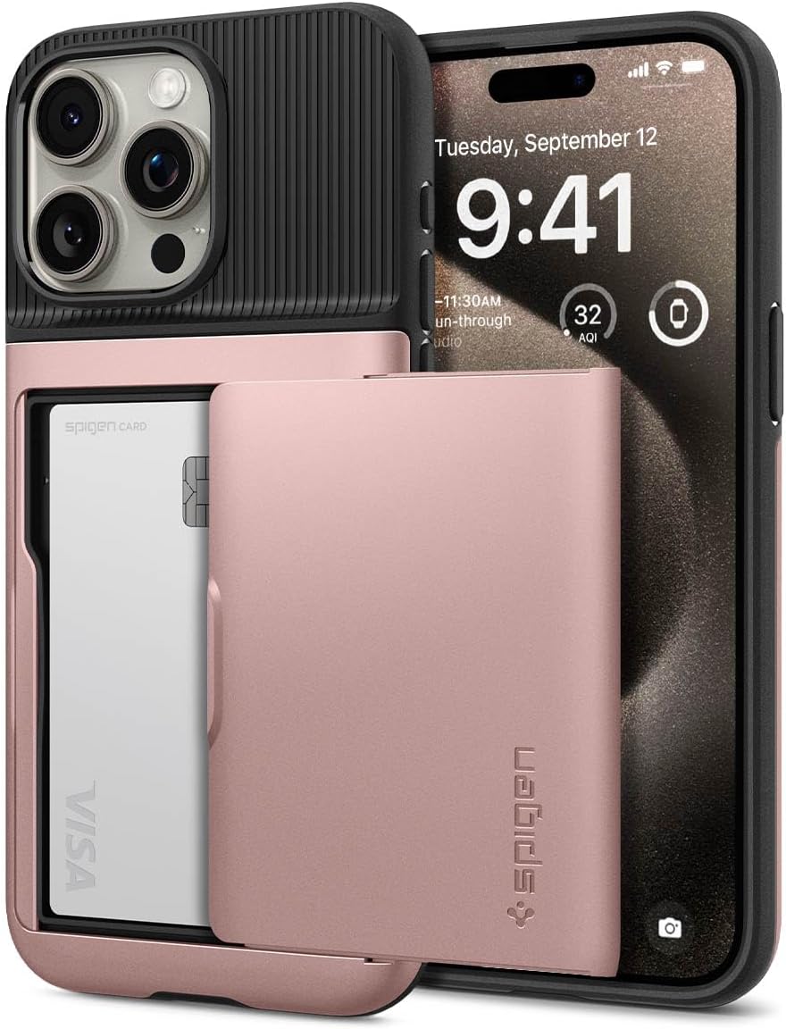 Spigen Slim Armor CS – Funda diseñada para iPhone 15 Pro Max (2023), protección de grado militar tarjetero – oro rosa