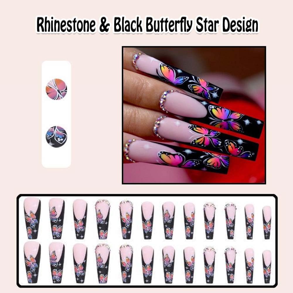Uñas postizas extralargas a presión con punta francesa de ataúd negro con diamantes de imitación, diseño de mariposa, estrella, cuadrado, mate, uñas