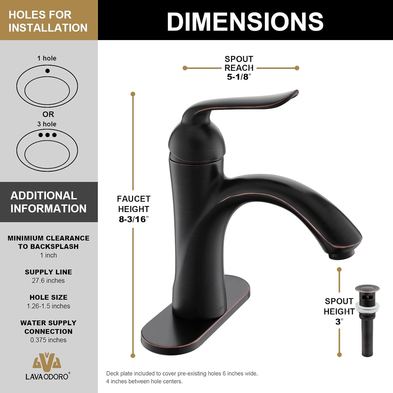 Lava Odoro – Grifo de baño de bronce aceitado con una sola manija, grifo de lavabo de bronce antiguo de un solo agujero, grifo de tocador de bronce