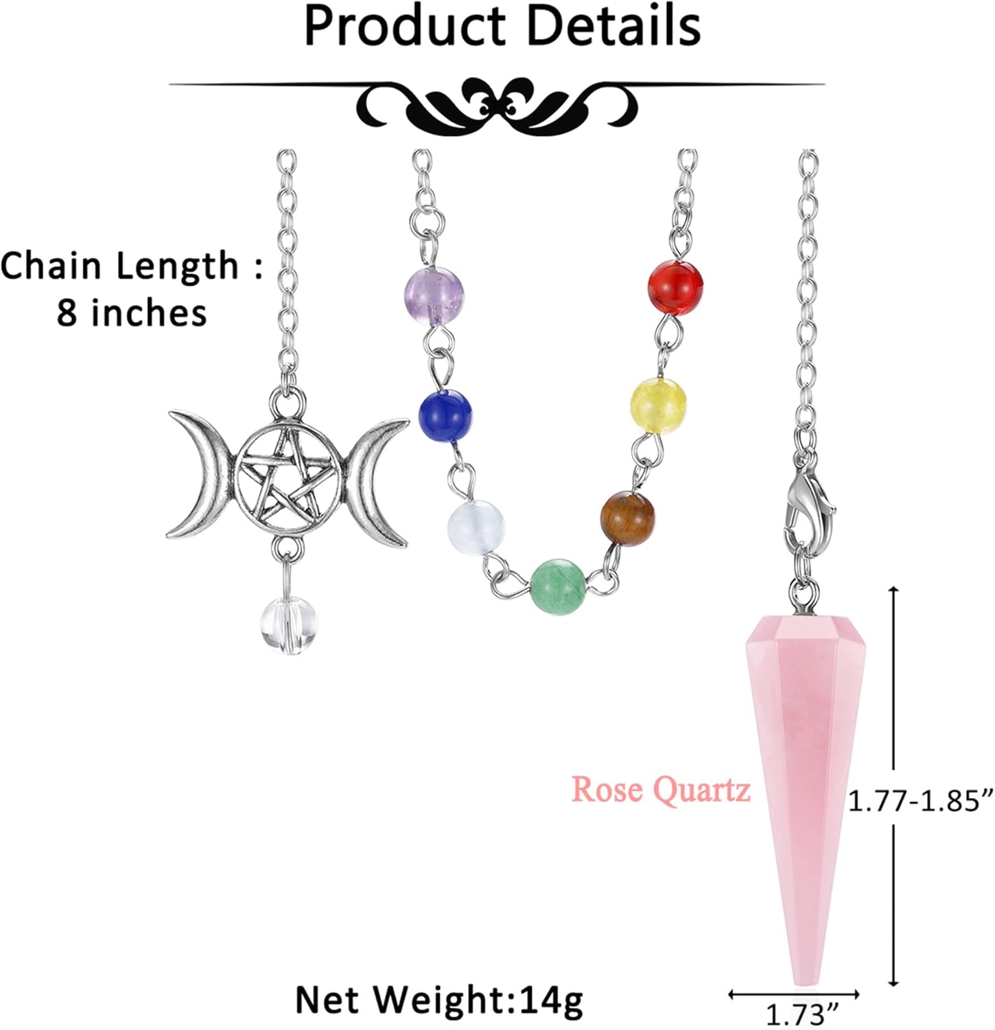 CrystaTears – Péndulo de cristal curativo de cuarzo rosa para adivinación, piedra de cristal hexagonal natural para chakras, péndulo de cuarzo,