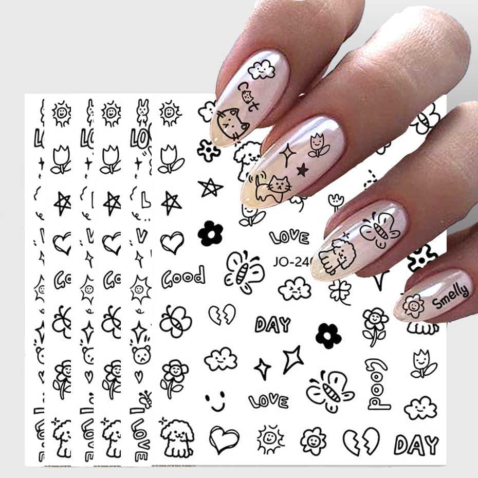 6 hojas de calcomanías de uñas de dibujos animados para niños, calcomanías autoadhesivas 3D para arte de uñas, calcomanías acrílicas para mujeres,