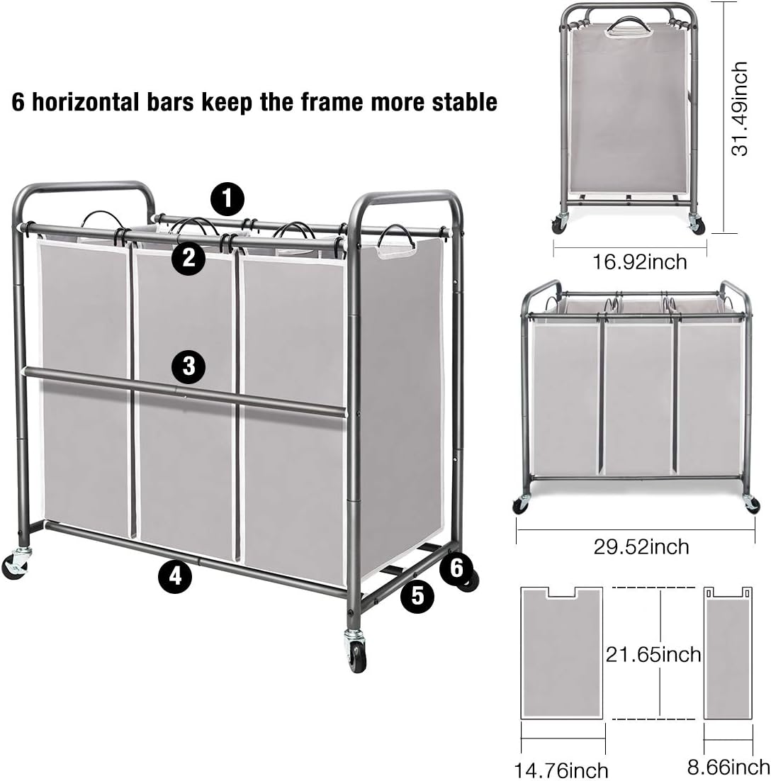 STORAGE MANIAC 3 Section Laundry Sorter Plus Commercial Laundry Hamper, Laundry Hamper Cart with Heavy Duty Wheels and Removable Bags, Laundry