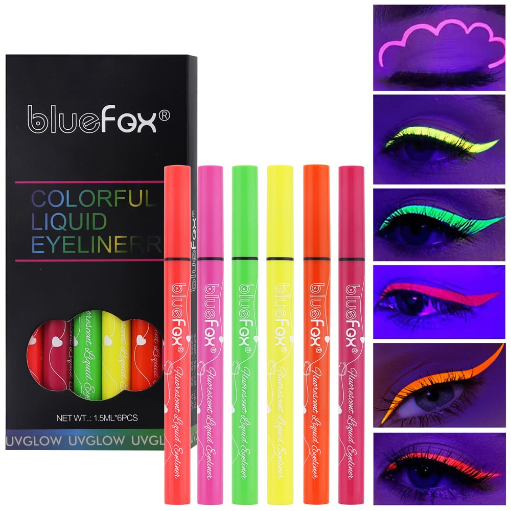GL-Turelifes Juego de 6 delineadores de ojos con brillo UV, delineador líquido fluorescente de color arco iris, delineador de ojos colorido neón