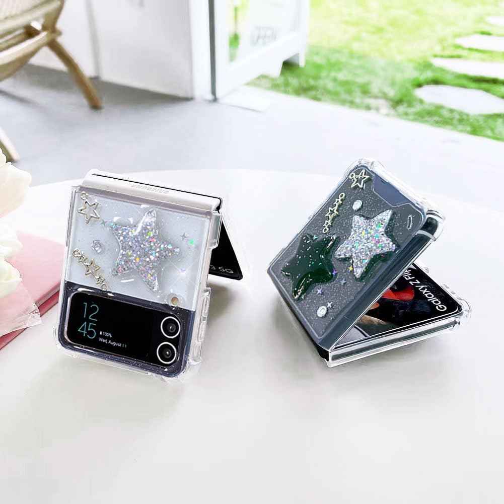 Funda para Samsung Galaxy Z Flip 4 con diseño de estrellas con purpurina, bonita funda transparente con diseño de estrellas 3D brillantes y