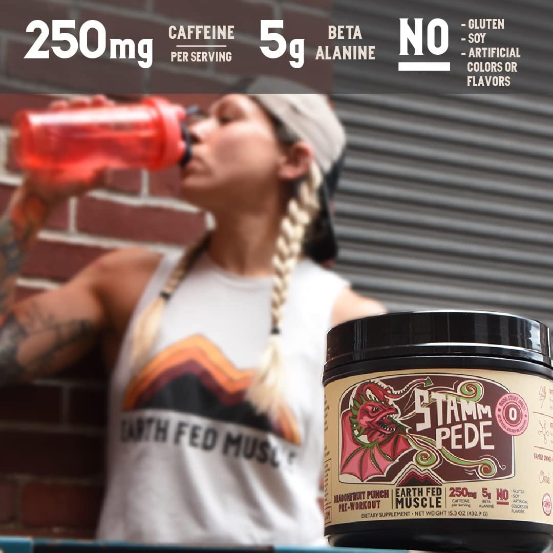Earth Fed Muscle Stammpede DragoFruit Punch Pre entrenamiento, 30 porciones, aumenta la energía, aumenta la resistencia y el enfoque, beta-alanina,