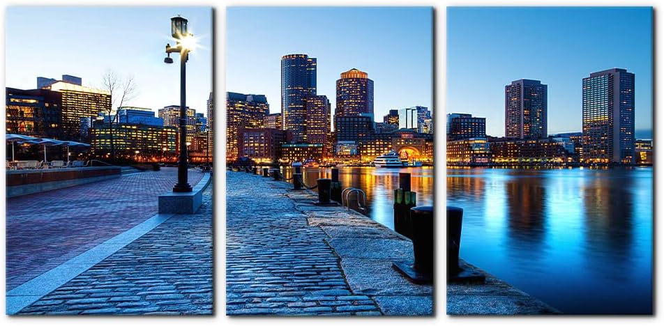 Pacimo 3 piezas de arte de pared en lienzo de paisaje urbano  Puerto de Boston y distrito financiero en Boston Massachusetts en imágenes al