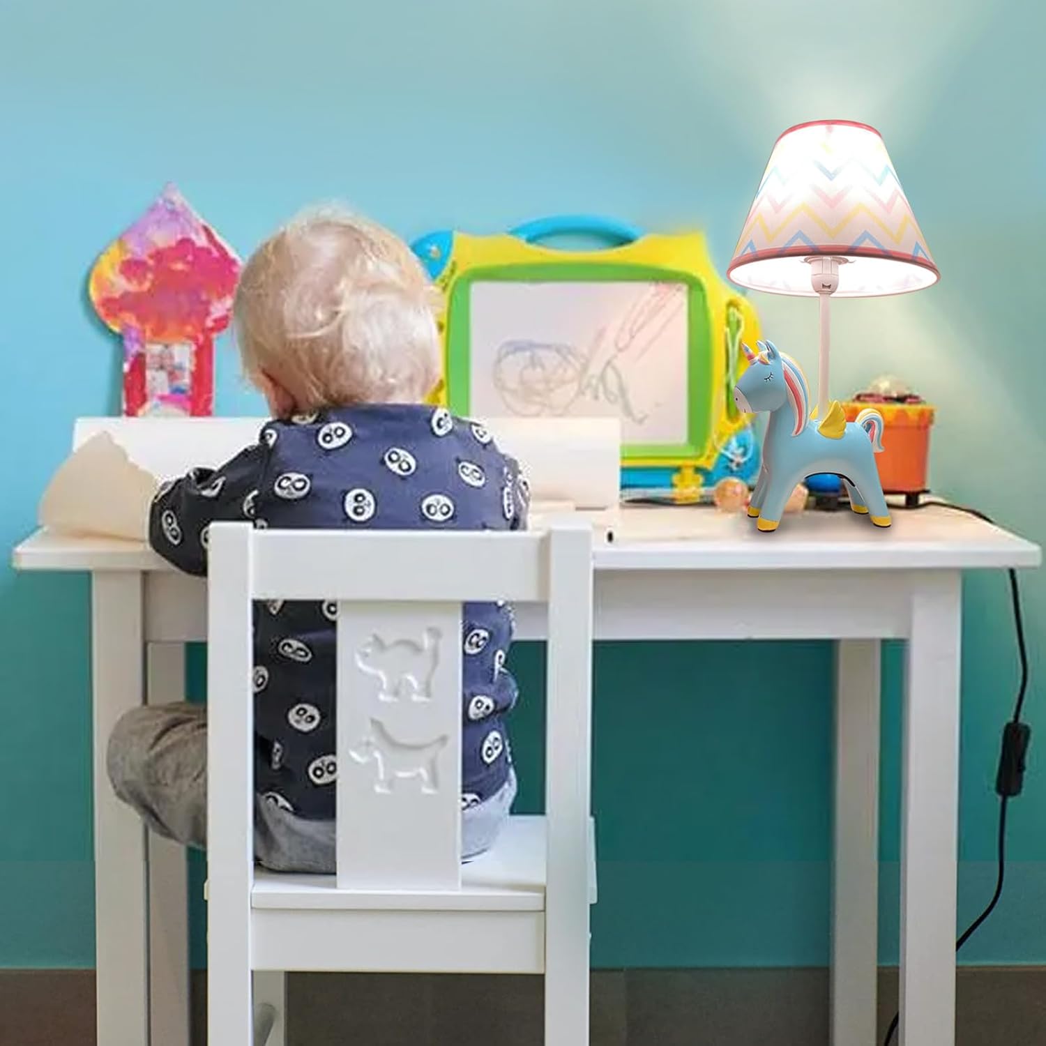 Lámpara de mesa, adorable lámpara de escritorio para niños, estilo unicornio de 13 pulgadas, lámpara de noche azul, ideal para decoración de