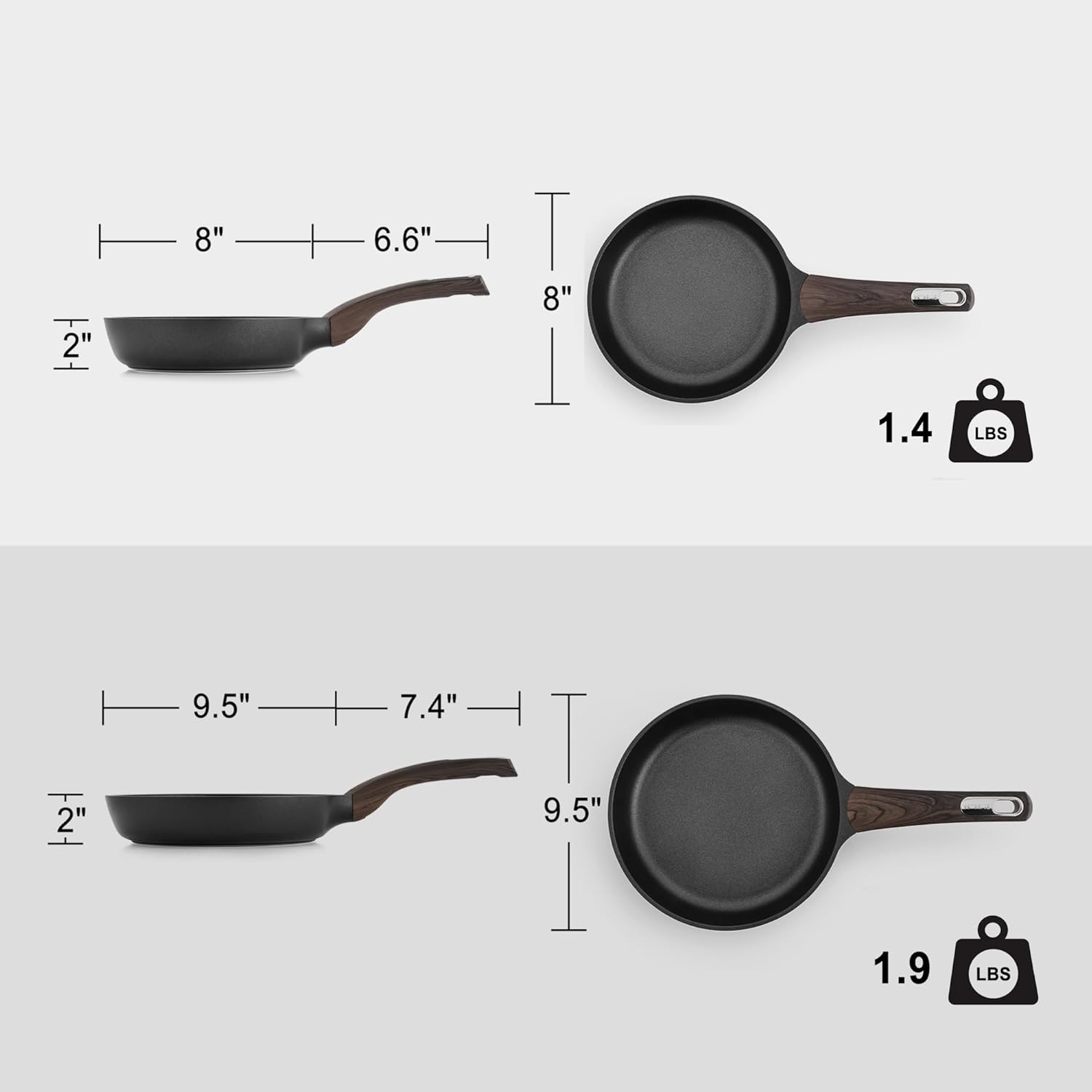 SENSARTE Juego de 2 utensilios de cocina antiadherentes, ollas y sartenes antiadherentes de 8 y 9.5 pulgadas, juego de sartenes de cocina con mango
