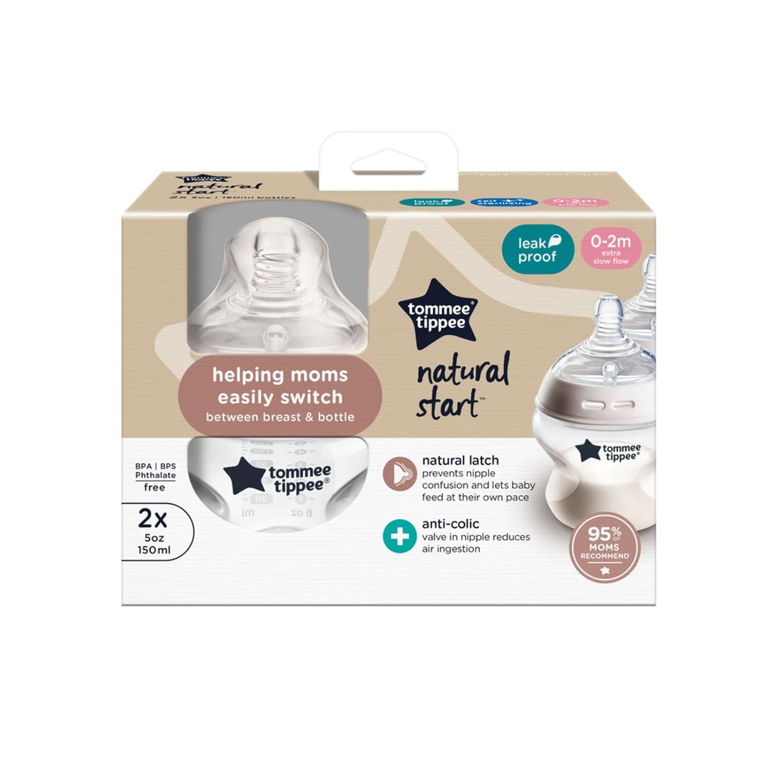 Tommee Tippee Closer to Nature – Biberones de flujo lento extra con boquilla similar a un pecho y válvula anticólicos (5 onzas, 2 unidades)