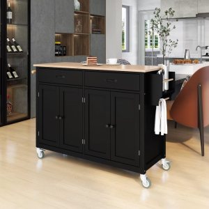 Ayvbir Carrito de isla de cocina rodante de 54.3 pulgadas con ruedas con parte superior de madera maciza y ruedas de bloqueo, armario de 4 puertas y Ayvbir Carrito de isla de cocina rodante de 54.3 pulgadas con ruedas con parte superior de madera maciza y ruedas de bloqueo, armario de 4 puertas y