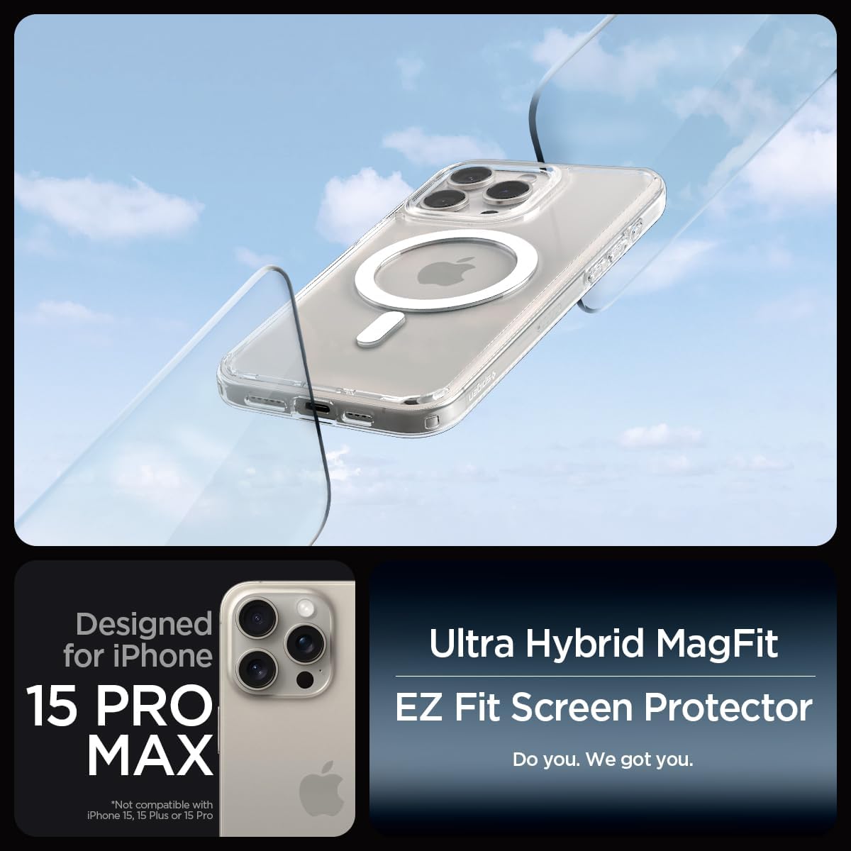 Spigen MagFit – Funda magnética ultra híbrida diseñada para iPhone 15 Pro Max, protector de pantalla de vidrio EZ Fit, antiamarilleo, protección de