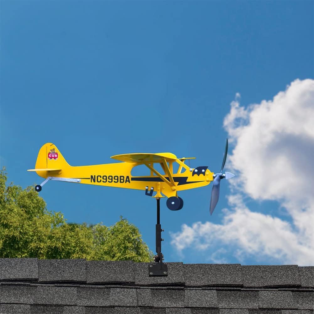 Veleta de avión Piper J3 Cub hecha a mano para patio, avión, molino de viento de metal, escultura al aire libre, modelo de avión (grande)