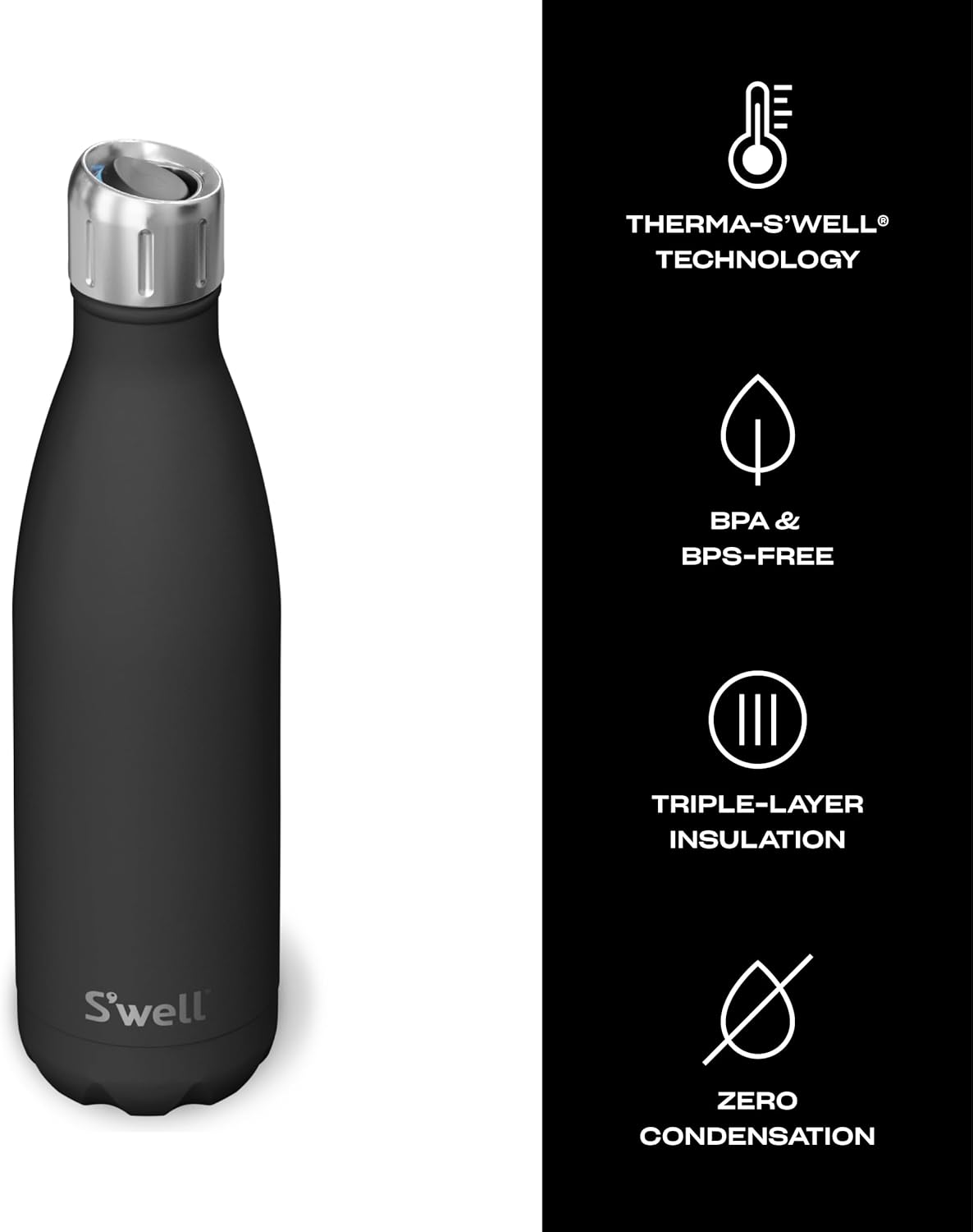 S’well Botella de agua de acero inoxidable con tapa deportiva de 17 onzas líquidas, recipientes aislados al vacío de triple capa de ónix, mantiene