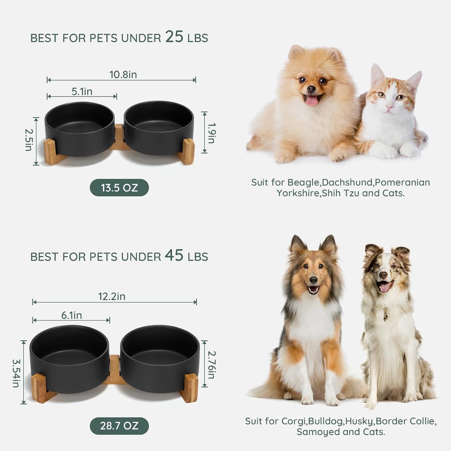 SPUNKYJUNKY Juego de cuencos de cerámica para perros y gatos con soporte de madera, moderno y bonito juego de agua para alimentos con peso para