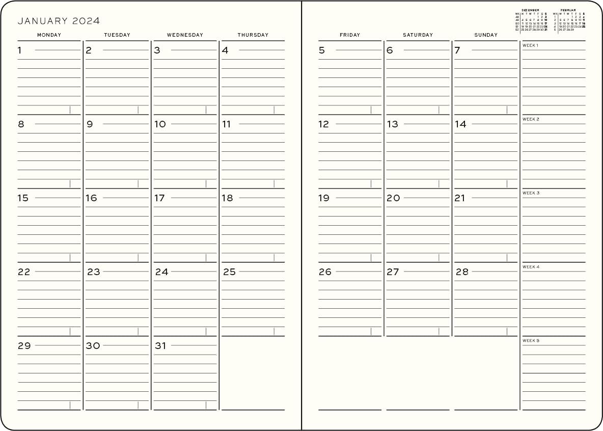 LEUCHTTURM1917 – Agenda mensual y cuaderno 2024 con folleto adicional, composición (B5) tapa blanda, negro (1 de noviembre de 2023 – 28 de febrero